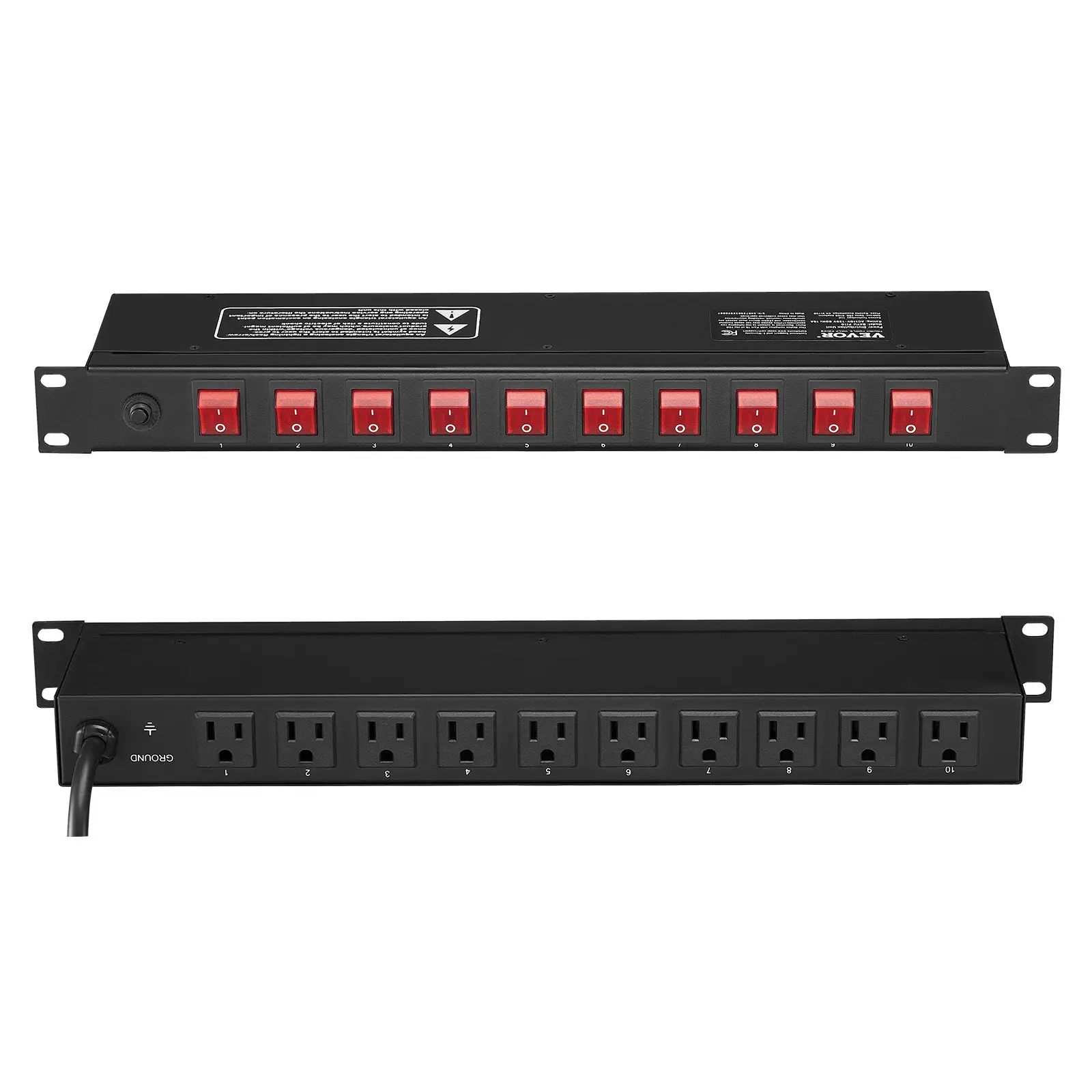 【Summerfinds】VEVOR 1U Rack Mount Power Outlet Panel, Multifunctional 10-Outlet Power Strip for 19" Standard Server Racks, Independent Switch, Surge & Overload Protection, 110-125V/15A, Ideal for Home Use, Multifunctional Power Strip