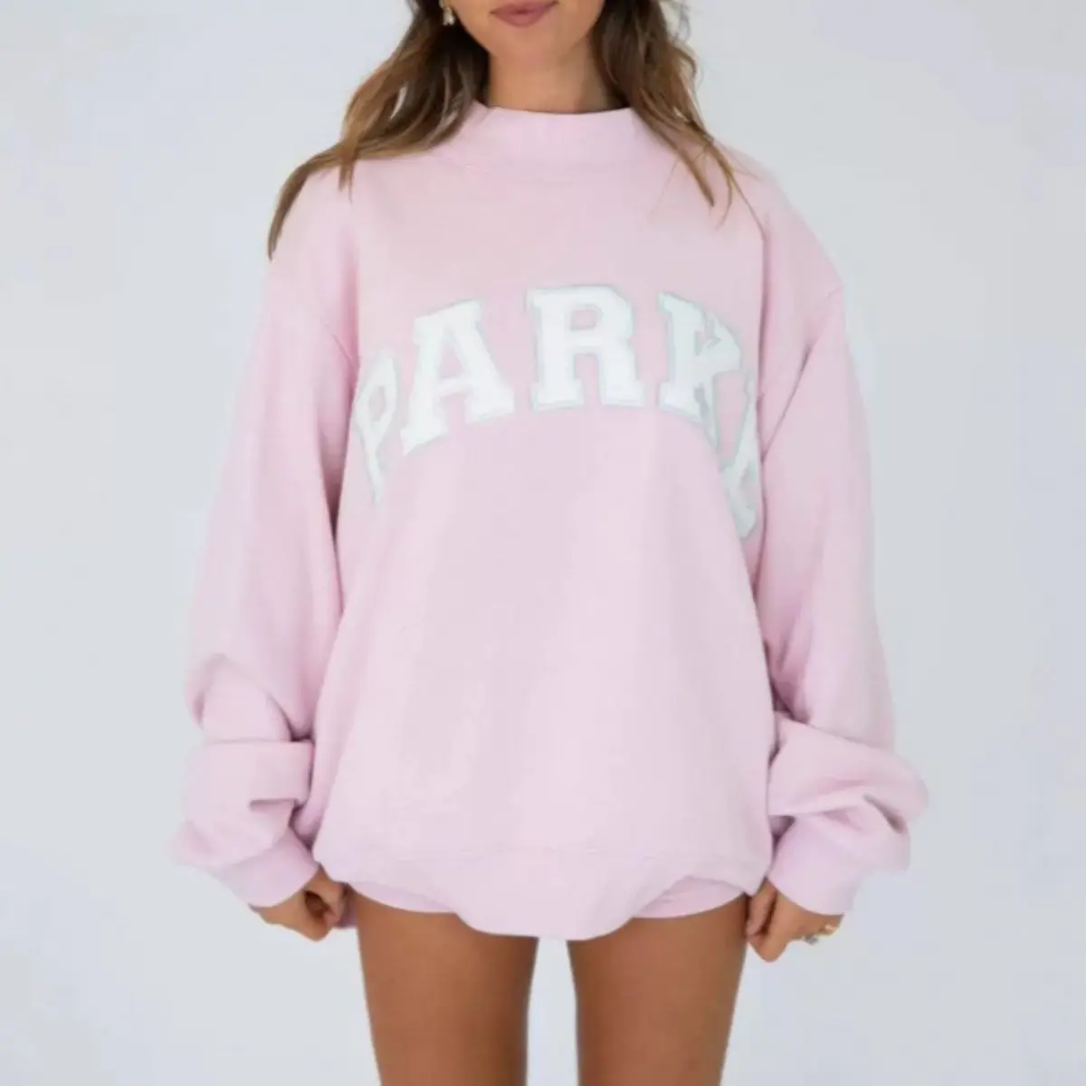 PARKE Letter Embroidery Crew Neck Sweatshirt Set, Casual Simple Pullover Sweatshirt, Fall Winter Street‑Style 100% Polyester Loose Fit Outfit