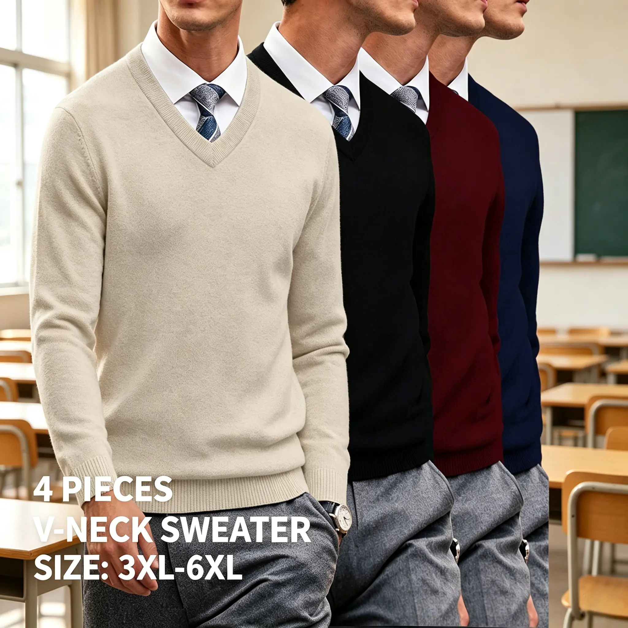 Men's 4-Pack Plus Size V-Neck Plain Pullover Sweater, 3XL-6XL, Soft Stretch Ribbed Edges Business Casual Layering Tops