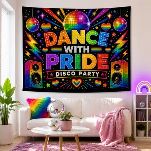 Rainbow Celebration Tapestry Wall Hanging, Disco Dance Peace Love Room Decor Backdrop, Colorful Fabric Poster for Bedroom Dorm Party Decoration