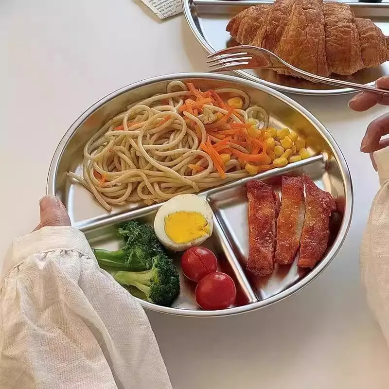 【4 Pack】304 Stainless Steel Plates, 4 Pack 304 Stainless Steel Divided Plates Stainless Steel Plate Portion Control Plates, Plates With Dividers Metal Plates For Camping, Picnic, Home,9"X 9"
