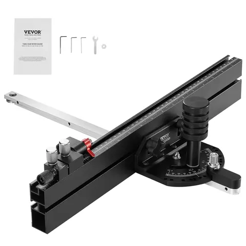 VEVOR Precision Miter Gauge Partial Kit for Table Saws, 3/4''x3/8'' Standard Slot Fit, Aluminum Build, 18in Convex-Concave Grating, 15 Stop Holes, Adjustable Spring-Loaded Plunger, Removable Disc, Textured Grip, Positive Performance, for Adult Woodworkers