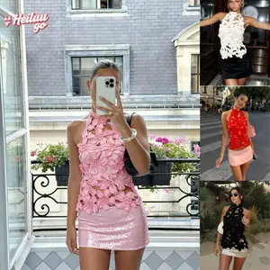 Women Flower Summer Streetwear Open Back Tops Embroidered Halter TopsCut Out Sleeveless Open Back Shirts Trendy Summer