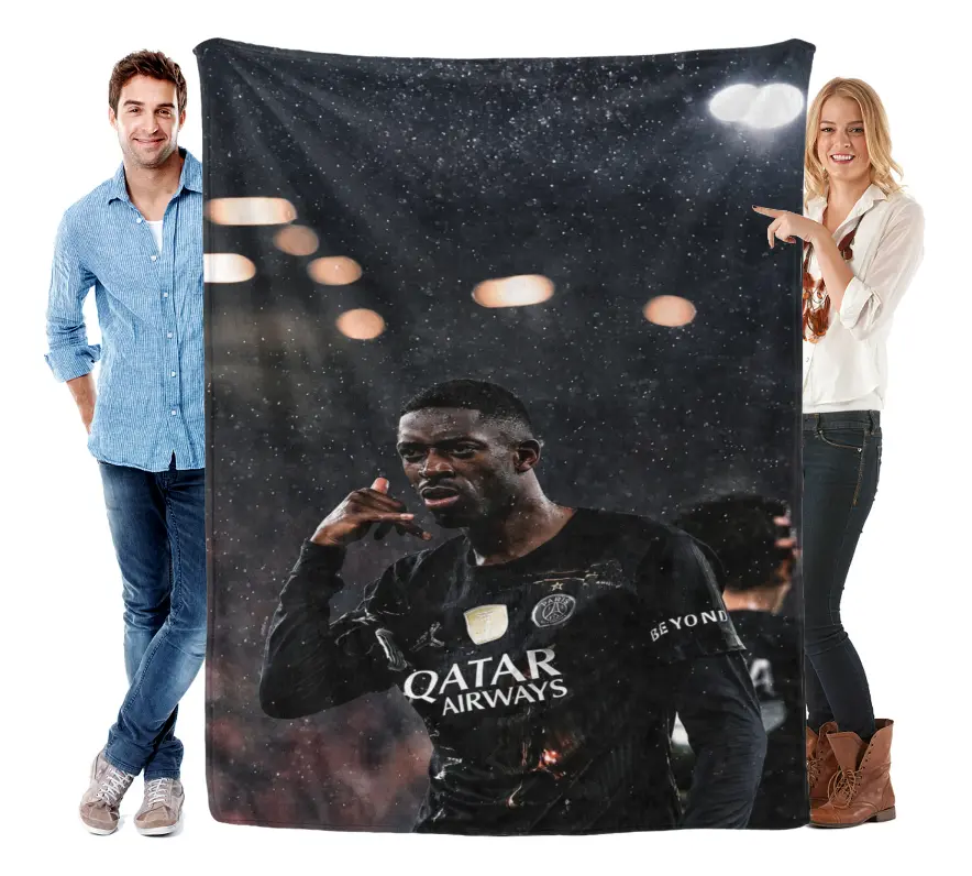Ousmane Dembele Night Snow Stadium Celebration Gesture Portrait Polyester Throw Blanket Soft Cozy Plush Bed Blanket for Couch Sofa Bedroom Decor, Lightweight Warm Sports Blanket for Football Fans, Teens and Adults