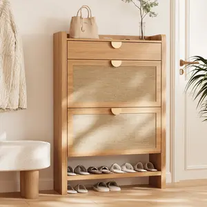 Shoe Cabinet with 2 Flip Drawers, Entryway Storage Organizer, Hidden Shoe Rack Narrow Freestanding Design Natural Oak