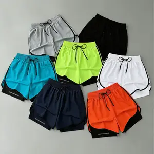 Unisex faux two-piece anti-exposure training shorts; 7-pack sports shorts; quick-drying, breathable fitness, running, and basketball training shorts; double-layer design with built-in stretch shaping; ideal for workouts and large movements—comfortable wit