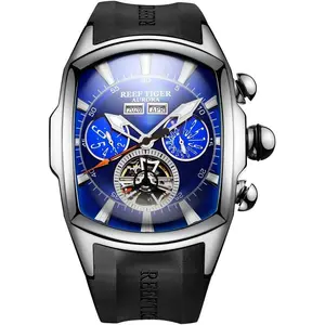 REEF TIGER Mens Big Sport Watches Blue Dial Tourbillon Automatic Watches Waterproof Rubber Strap Watch RGA3069