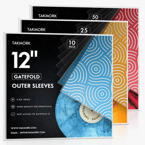 TAKMORK 12 in Vinyl Record Gatefold Outer Protectors - 3 Mil Thick Polypropylene Card Sleeve Protectors, Anti-Static Scratch Guard Toploaders for Album Preservation (Vinyl Record Sleeves and Toploaders Included)