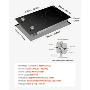 VEVOR Induction Cooktop, 3500W Electric Countertop Burner, 2 Burner Knob Control Stove, Built-in Induction Cooktop with 12 Temperature Settings, Glass Surface, Auto Shut-Off