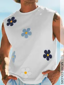 Men's Floral Print Round Neck Tank Top, Regular Fit Casual Fashion Sleeveless Top for Outdoor Beach Vacation, Men's Clothes for Summer, Casual Tank Tops, Menswear