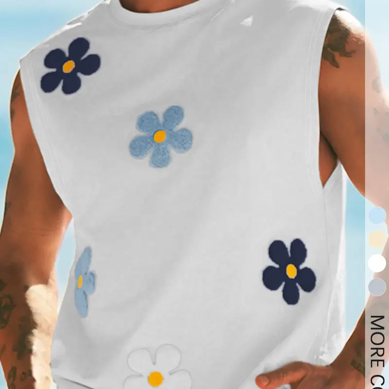 Men's Floral Print Round Neck Tank Top, Regular Fit Breathable Casual Fashion Sleeveless Top for Outdoor Beach Vacation, Men's Clothes for Summer, Tropical, Menswear, Sleeveless Shirts
