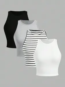 Four-Pack Basic Essential Knit Tank Tops Vneck, ///striped, Slim Fit Short Sleeve, High Stretch Soft Comfortable, Casual Daily Wear Everyday Womenswear Lady