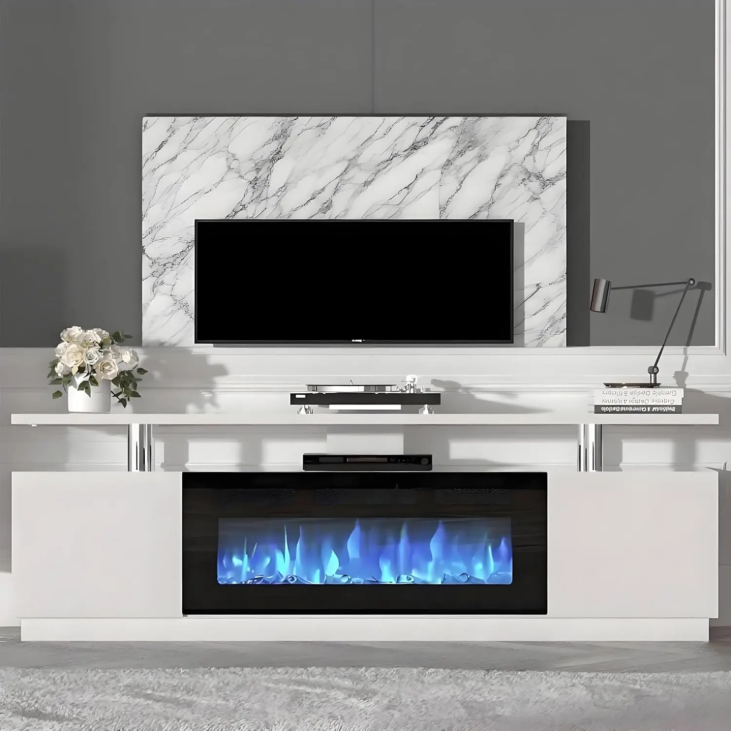 Fireplace TV Stand, 70'' White Modern TV Stand, with Electric Fireplace 36" Heater, Adjustable LED Flame Effects and 12 Flame Colors, 2-Tier Storage & Cabinets