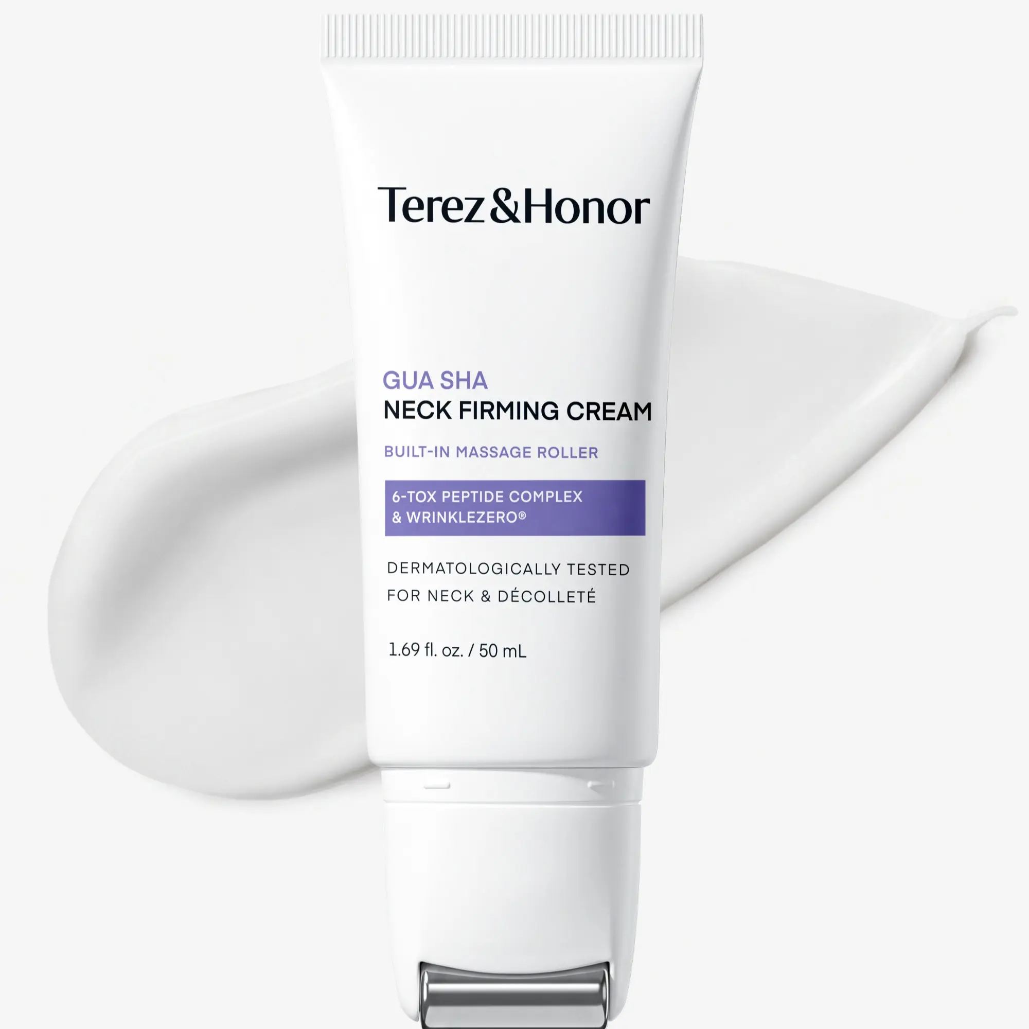 Terez & Honor Gua Sha Neck Firming Cream: Korean Skin Care, Retinol, Collagen & GHK-CU Copper Peptide - Tightening & Lifting for Neck, Face & Décolleté with Built-In Massage Roller, 1.7 FL OZ