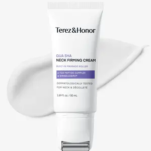 Terez & Honor Gua Sha Neck Firming Cream: Korean Skin Care, Retinol, Collagen & GHK-CU Copper Peptide - Tightening & Lifting for Neck, Face & Décolleté with Built-In Massage Roller, 1.7 FL OZ