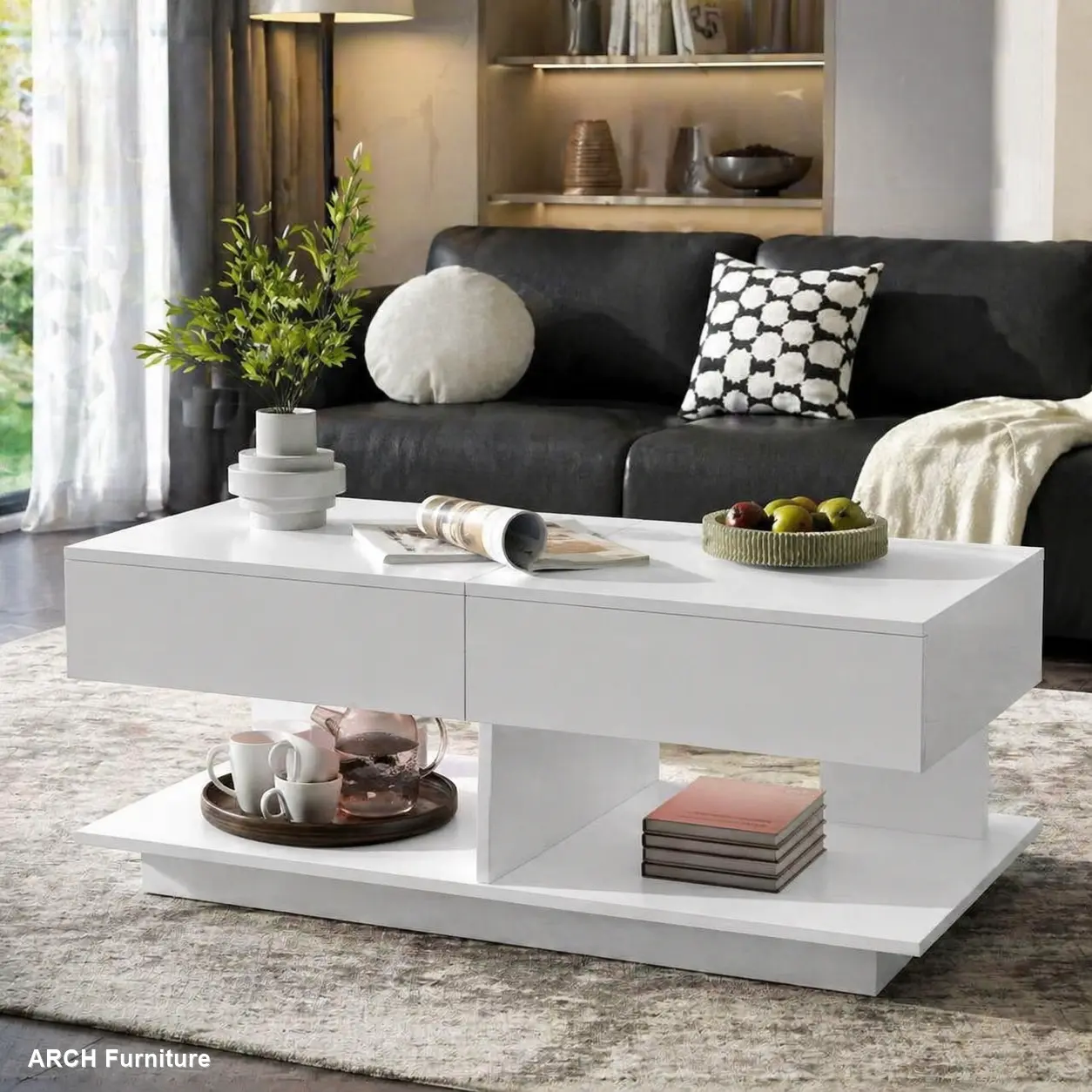 Contemporary Extendable Flexible Expandable Coffee Table (41.3"-76.7") - MDF Wood, Tool-Free Assembly, ARCH U-Can Central Living Room Furniture, LED Lighting, Multiple Hidden Storage Compartments, Adjustable Sofa Table, Expandable Coffee Tables, Flexible