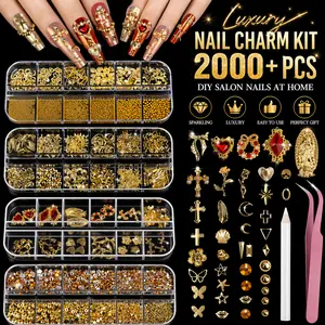 Cross & Heart Gold Nail Charms Set, 4 Boxes with Pearls, Rhinestones & Tools, Complete DIY Nail Kit
