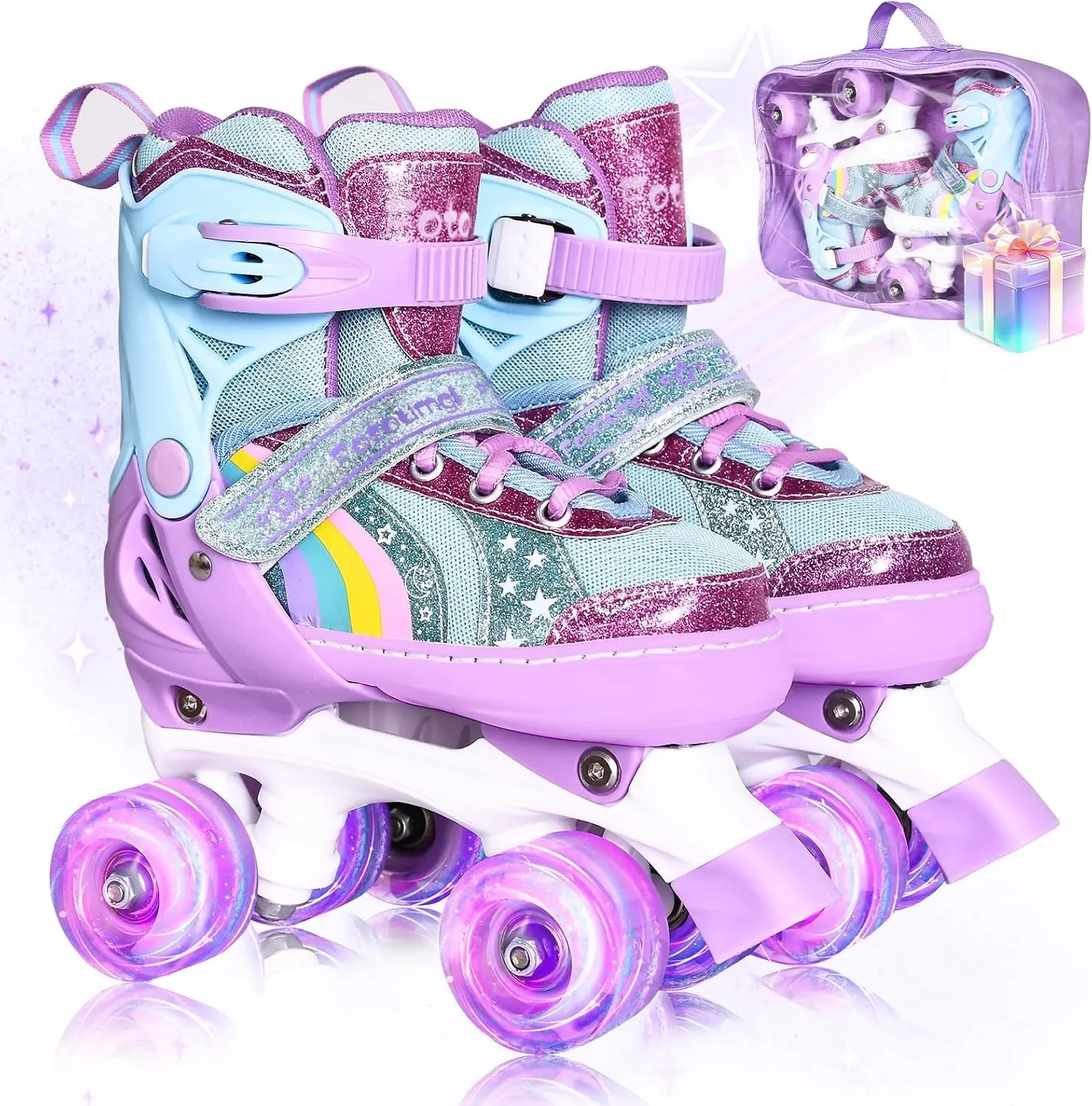 Rainbow Toddler Roller Skates - Size 4 Adjustable | Light Up Quad Skates for Girls & Boys Beginners Aged 3-12