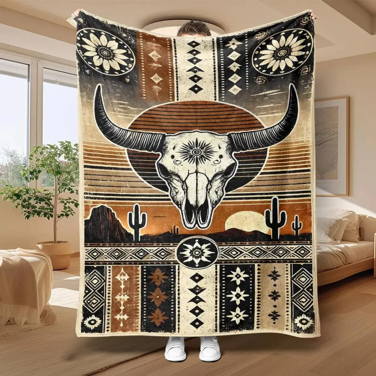 Western Cow Head Pattern Blanket, Soft Throw Blanket, Air-conditioned Room Blanket, Warm Nap Blanket for Home Office Travel Camping