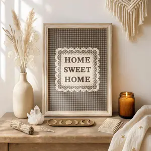 Home Sweet Home Wall Art  Farmhouse Kitchen Decor, Plaid Lace Print