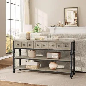 Garvee Entryway Console Sofa Table with 3 Drawers and 3 Tiers, Open Shelf Behind Couch, Metal Roman Column Design, Rustic Grey Finish, 53" x 12" x 29", Ideal for Hallway and Living Room