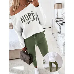 Long Sleeve “Nope Not Today” Print Two-Piece Tracksuit/Jogger Set: Scoop-Neck Pullover Top + Stretch-Waist Long Pants
