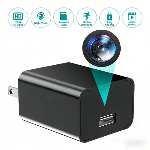 Indoor & Home 1080P HD Resolution Wired Mini Security Camera System - Corded Power Nanny Cam with Built-in Light, Motion Sensor, Night Vision, Wall Mount, 64GB SD Card, Homeplug, Phone Monitoring, 2-in-1 USB Charger, Local Recording (APP/No APP Option)