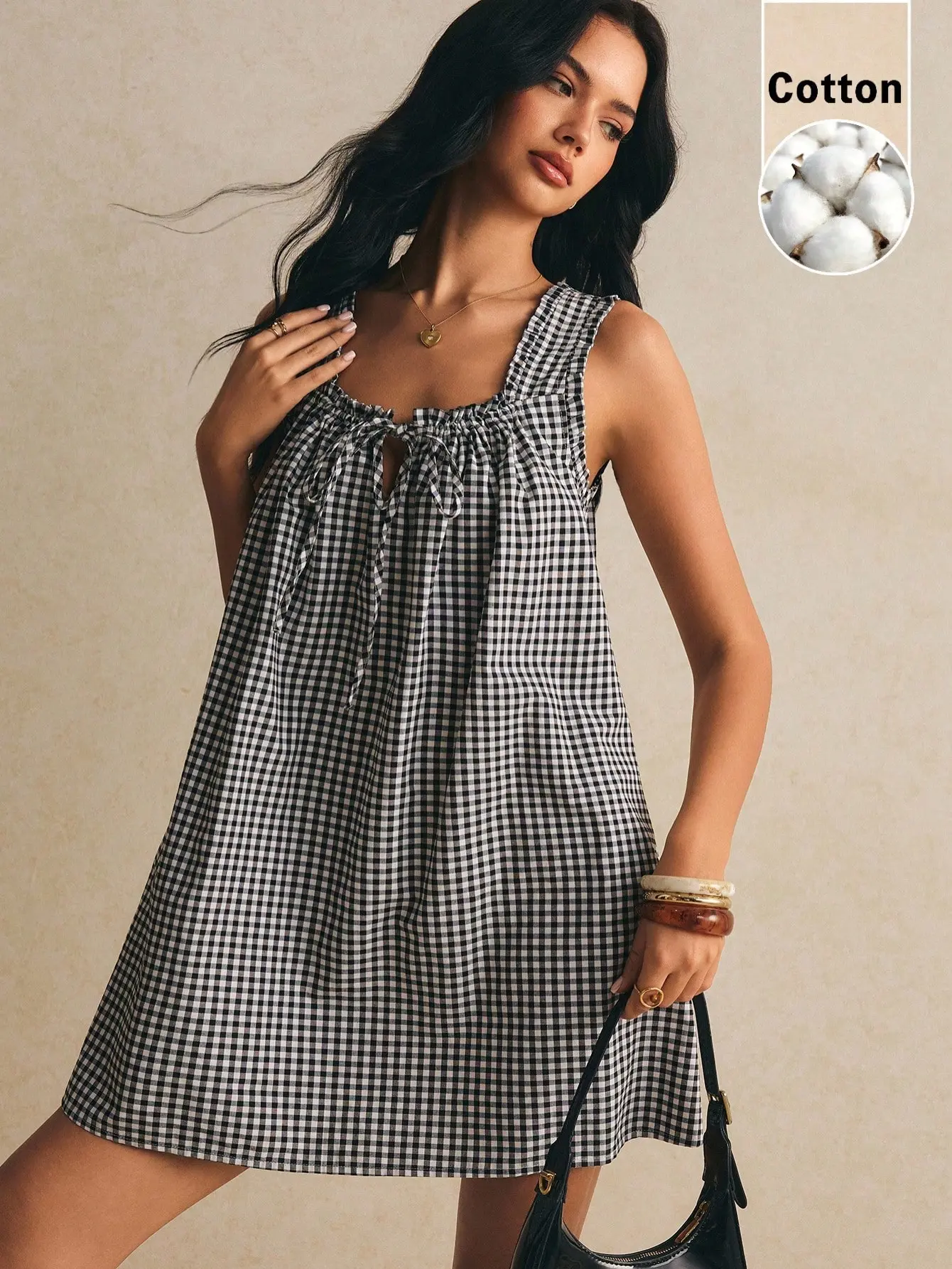 LALUZ Women's Cotton Dress Black Gingham Mini Sleeveless Tie Front Square Neck Babydoll Sundress Loose A-Line Picnic For Summer Vacation Romantic Outfit