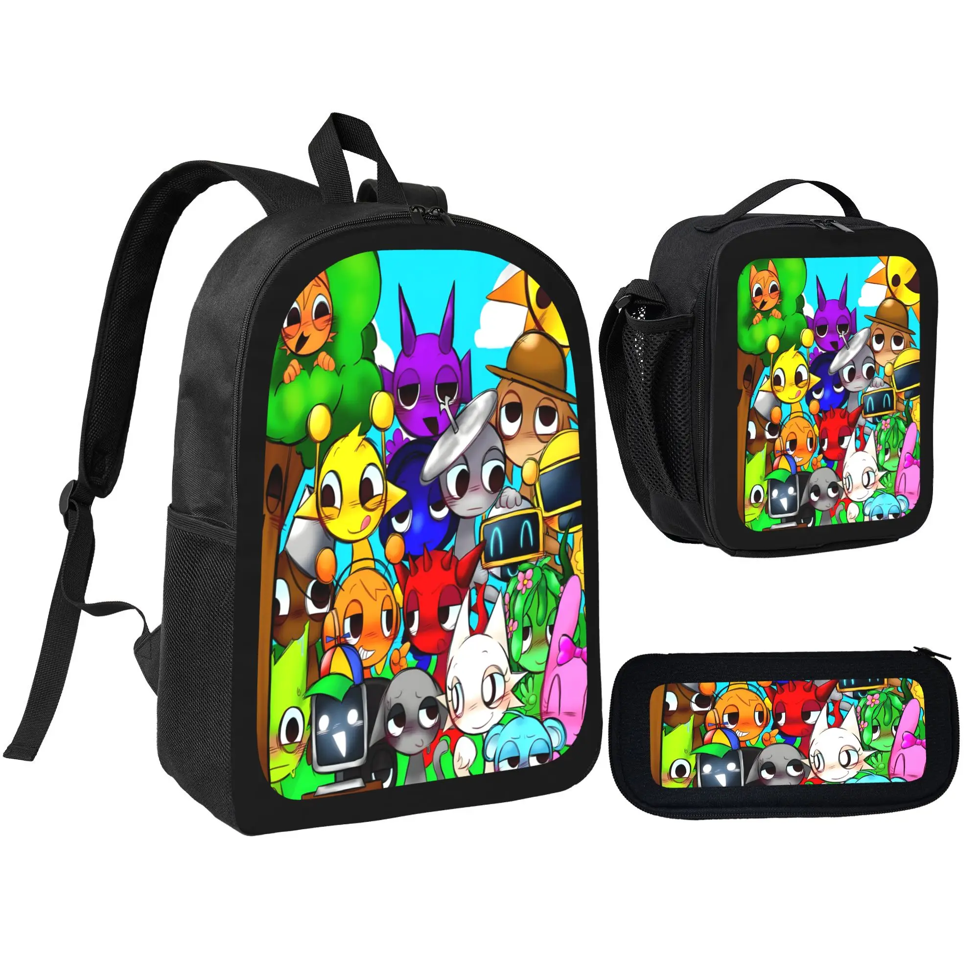 Sprunki 3pcs Kids Boys Backpack Set School Backpack, Pencil Bag, Lunch Box - Durable Lightweight Polyester Ideal for Zoo Park Trip Holiday