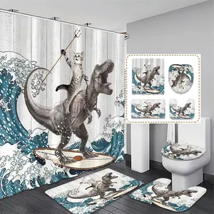 Creative Cat Shower Curtain Set, Chain-Wielding Cat Riding Tyrannosaurus Rex, Surfboard Pattern, Includes Hooks & Non-Slip Mat