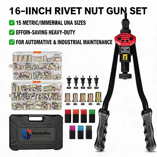 16-Inch Rivet Nut Gun Set, Heavy-Duty Effort-Saving Manual Hand Riveter with 16in Arm, High-Carbon Steel 15 Mandrels, 172 Rivet Nuts, Dual Composite Hinges, Thick Handle, Quick Change, 3.4 kg, Storage Box, for Automotive Body Panels & Bicycle Accessories,
