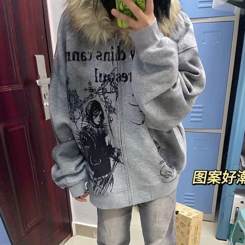 Women Y2k Aesthetic Tie-dye Printing Hoodies Harajuku Vintage Fur Patchwork Hooded Hoody Casual Grunge Oversized Sweatshirts