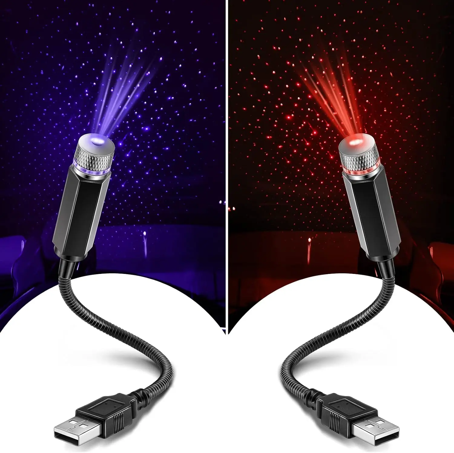 2 Pack USB Star Projector Night Light for Car, LED Night Lamp | Adjustable Starry Ceiling, Bedroom & Party Atmosphere, Plug-In USB, Rotating Projection, Interior Roof Decor Hortsun