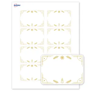 Avery® Printable Christmas Adhesive Name Badges, Rectangle, 2-1/3" x 3-3/8", Pre-Printed Metallic Gold Christmas Trees Design, Matte White, Laser & Inkjet Compatible, 80 Total