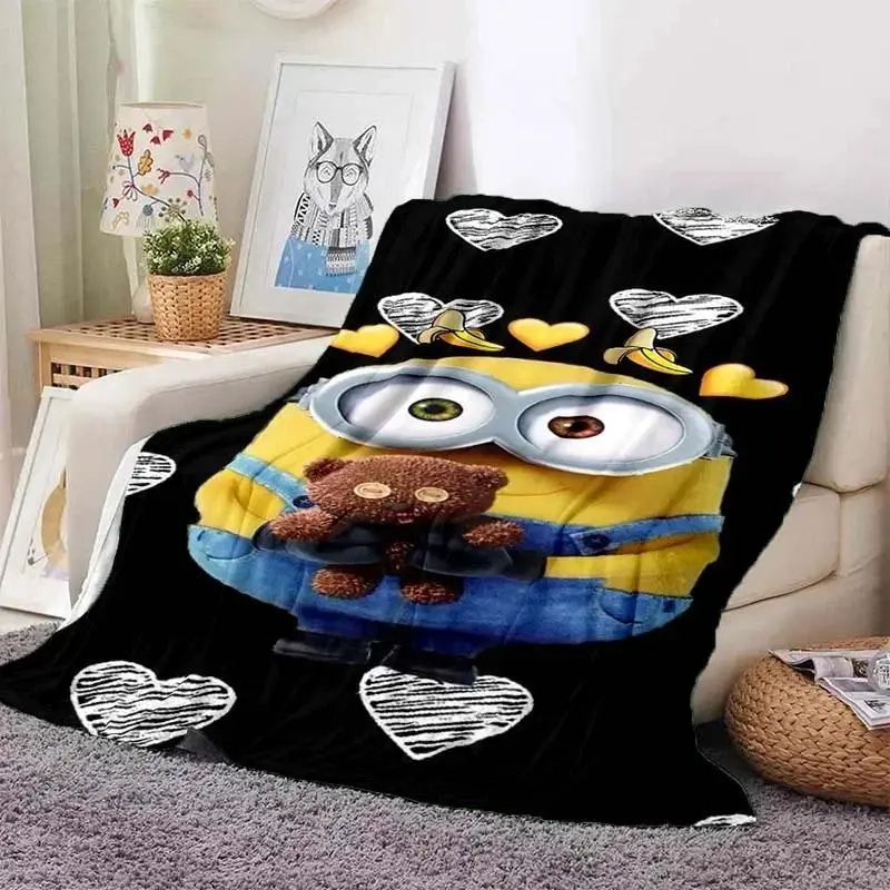 Soft and comfortable 3D-printed Minions cartoon blanket featuring adorable big eyes; ideal for children's naps and as a portable travel blanket.