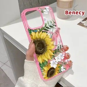 Sunflower Serenade Pattern Magnetic Phone Case for iPhone 16 15 14 Pro Max 13 12 11 XR XS E Plus Shockproof Lightweight Transparent Protective Soft Cover Supports Wireless Charging