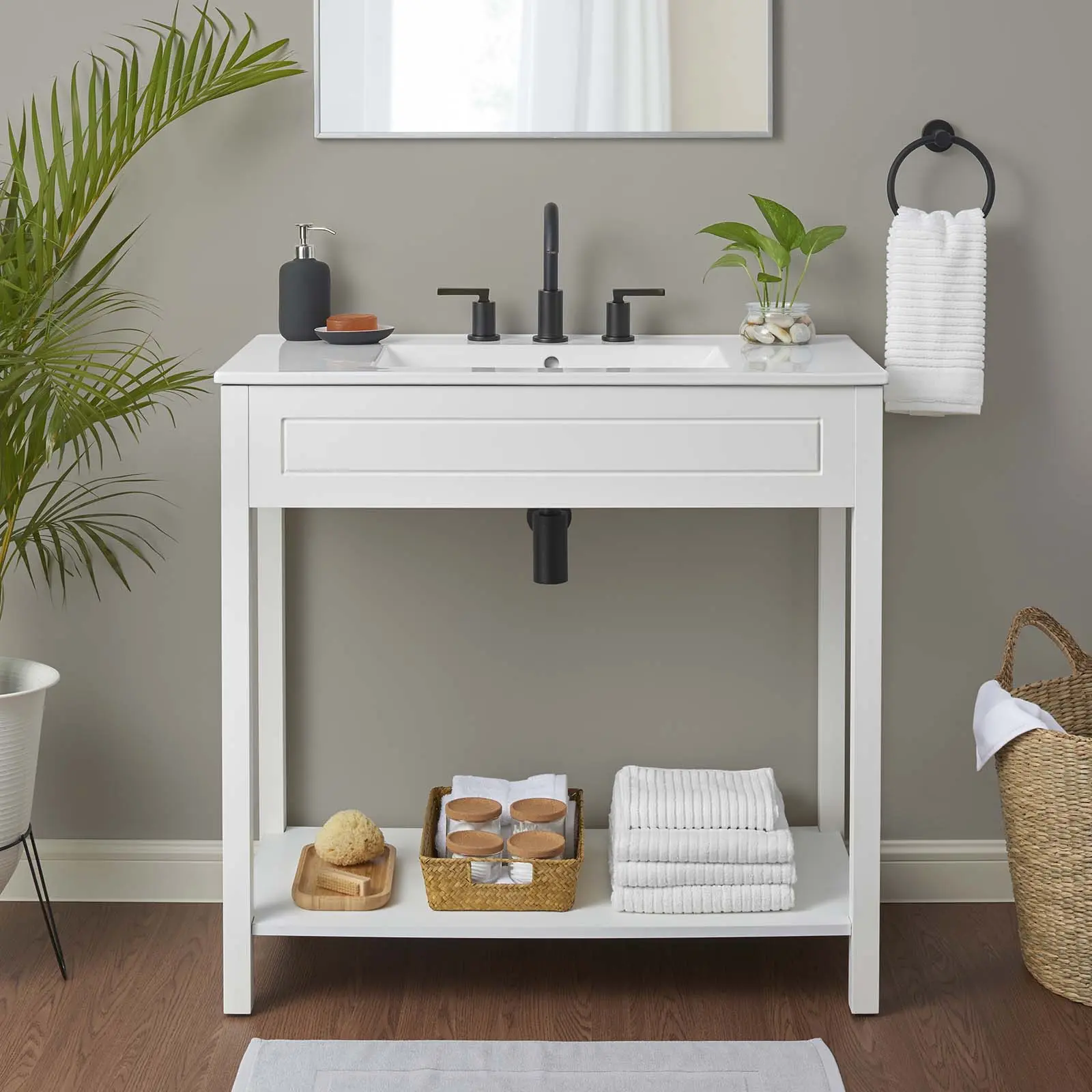 Modway Altura 36" Modern Vanity Table - White Bathroom Fixture Set with 8-Inch Centerset Faucet Holes, Inset Detailing, Integrated Countertop, Open Storage Shelf, Ceramic Sink Basin (Fixtures Not Included)