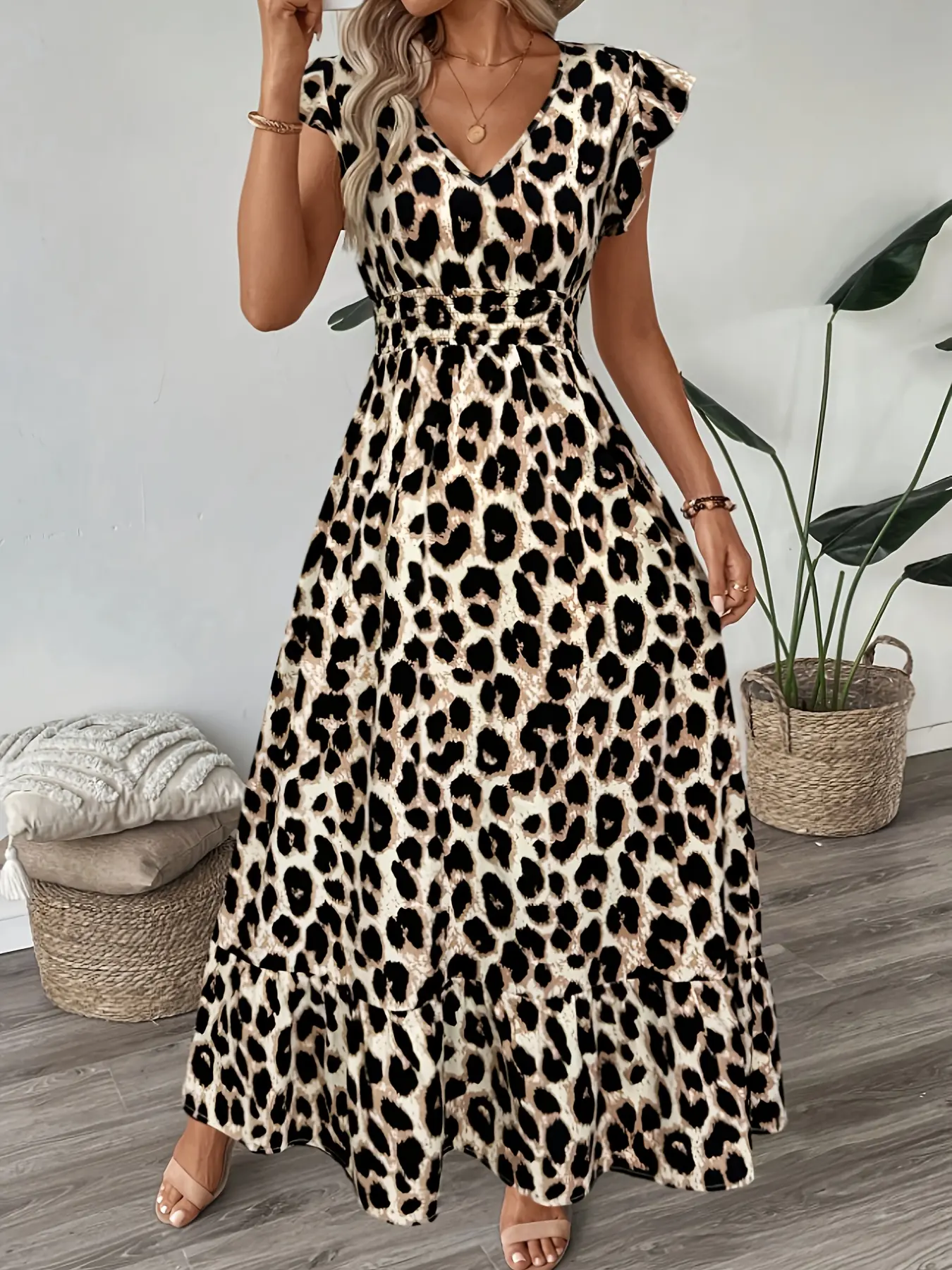 Women's Elegant Fitted Leopard Print Long Dress with Pleated Sleeves and  Waist Belt, V Neck A-Line Feminine Casual Summer Spring Fall Dress - TikTok  Shop
