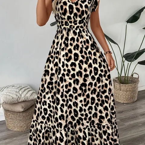 Women's Elegant Fitted Leopard Print Long Dress with Butterfly Sleeves, Casual V Neck A-Line Feminine Dress for Summer, Boho Fashion Sundress