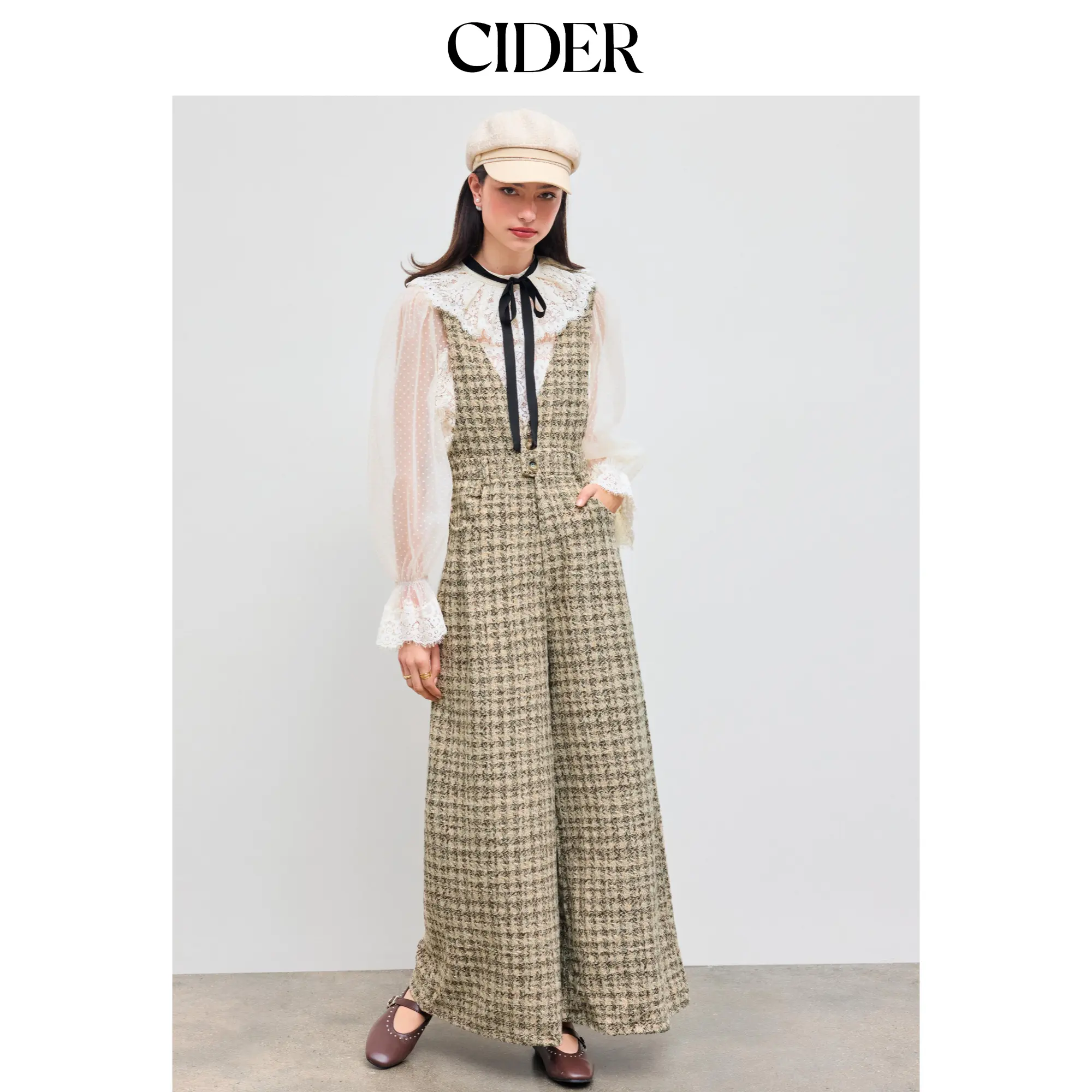 Cider Women's Casual Plaid Tweed Jumpsuit, V-Neck Button Front with Pleated Wide-Leg Silhouette, Wide-Leg Pants, Chic, Checkered, Overalls