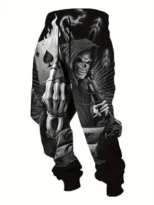 Men's Skull Casual Fashion Fitness Sports Pants  Printed Pattern Elastic Waist Jogging Pants Menswear Trouser Operator Black