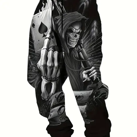 Men's Baggy Loose-Fitting Skull Print Knitting Pants - Elastic Waist, Ankle Length, All Seasons, Fitness Use Streetwear Athleisure Joggers