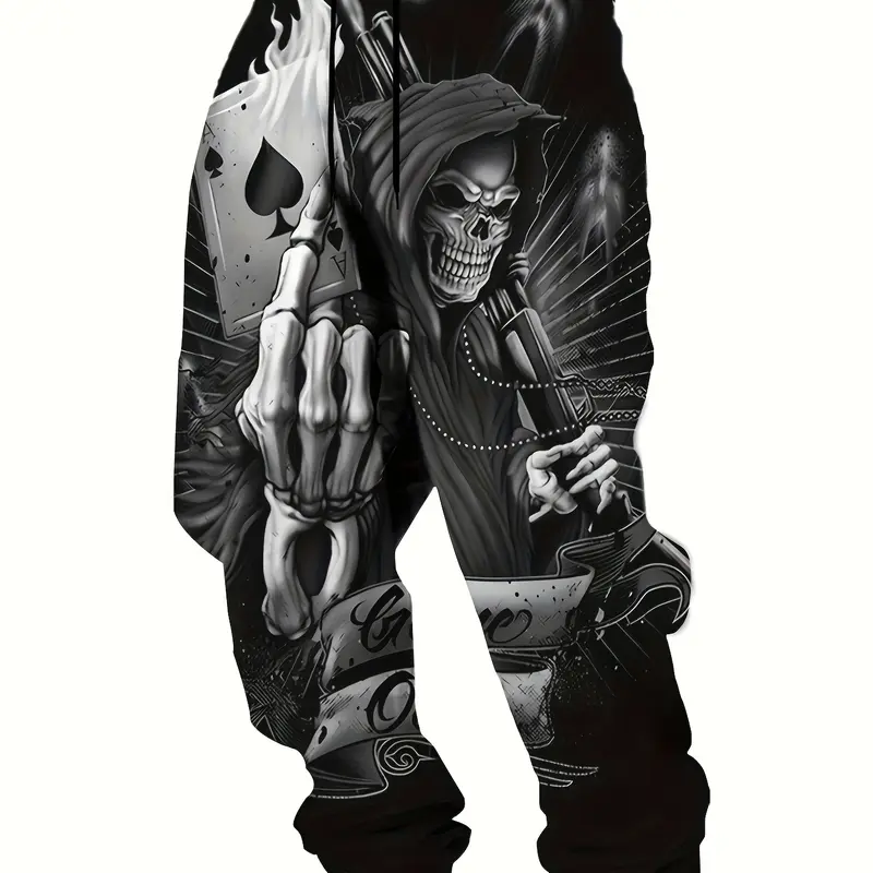 Men's Baggy Loose-Fitting Skull Print Knitting Pants - Elastic Waist, Ankle Length, All Seasons, Fitness Use Streetwear Athleisure Joggers