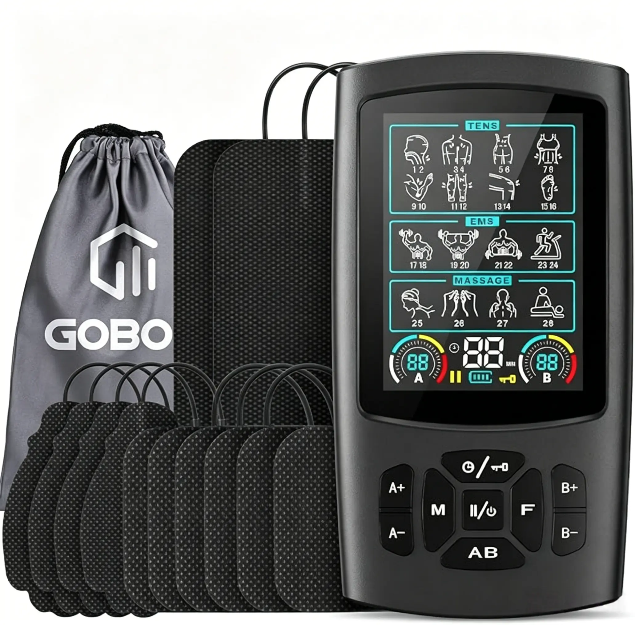 Portable TENS EMS Muscle Massager for Pain Relief Therapy, Digital Dual Channel Stimulator with 28 Modes, 40 Intensities, and 12 Pads, Muscle Massagers