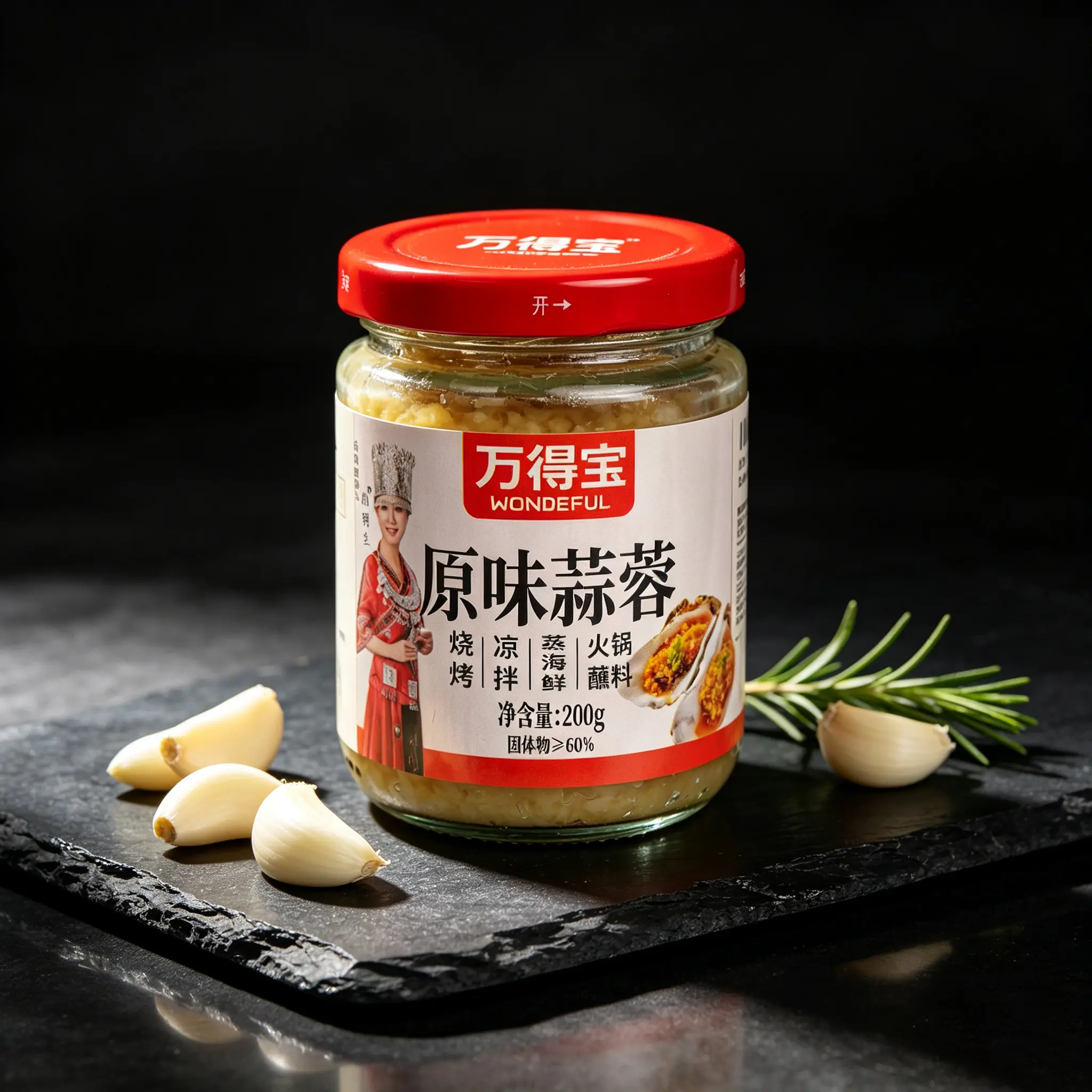 Premium minced garlic seasoning mixed with pure vegetable oil, 200g bottle. Perfect for enhancing the flavor of steamed seafood, mixing into cold dishes, and adding layers of taste. A must-have for tasty dishes in the kitchen.Classic Chinese Food Toppings
