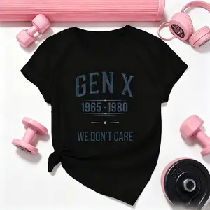 GEN X Unisex Plus Size Vintage 1965-1980 Retro Graphic T-Shirt We Don'T Care Short Sleeve Casual Workout Tee Black with White/Blue Geometric Print Breathable Non-Fabric Round Neck Re-Happy Mother'S Day Shirt for Mom Best Mom Ever Graphic Tee Gift