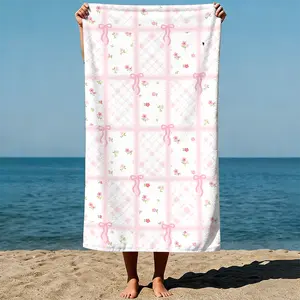 Pink grid pattern with floral motifs and bows, soft pastel aesthetic. Sand-Free Beach Towel | Ultra-Light Microfiber | Quick-Dry, Compact for Travel