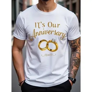 It's Our Anniversary T-Shirt - Couples Tee with Golden Wedding Rings Design, Soft Breathable Fabric - Wedding & Anniversary Gift for Him/Her, Plus  - Machine Washable Matching Apparel, Celebration Clothing, Relaxed Fit Shirt, Comfortable Cas Menswear Tops