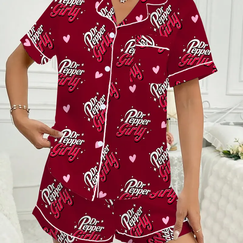 Dr.Pepper girl Women's Valentine's Day Sleepwear Set, Matching Pj Set, Pajama Set, Cute Butterfly Design, Short Sleeve Lapel Button Top & Shorts, Casual Home Wear, All Seasons