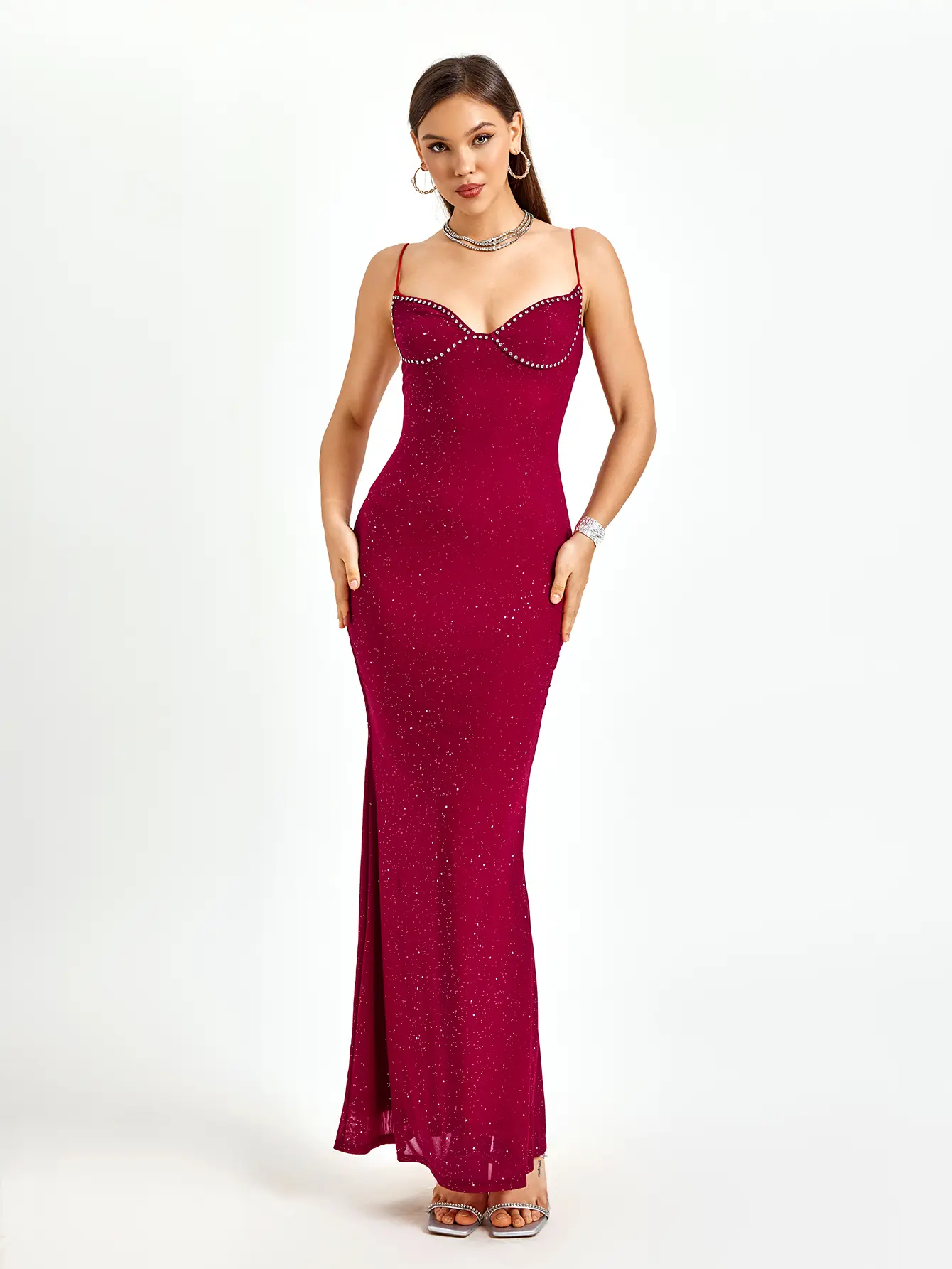 Rhinestone Backless Mermaid Hem Sequin Mesh Cami Dress, Suitable for Dinner Parties, Formal Parties, and Weddings, Glamorous Formal Dress